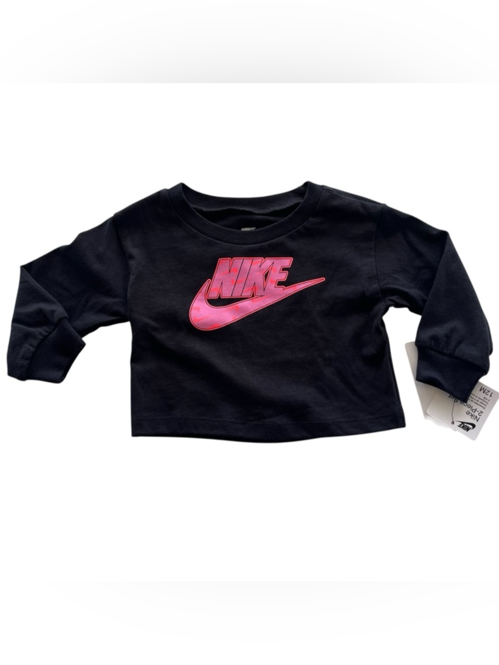 Nike Toddlers Black Long-Sleeve Tee with Pink Logo 12M